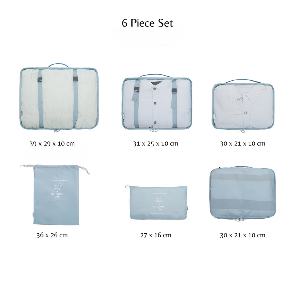 Light blue 6 piece set of luggage storage bags.