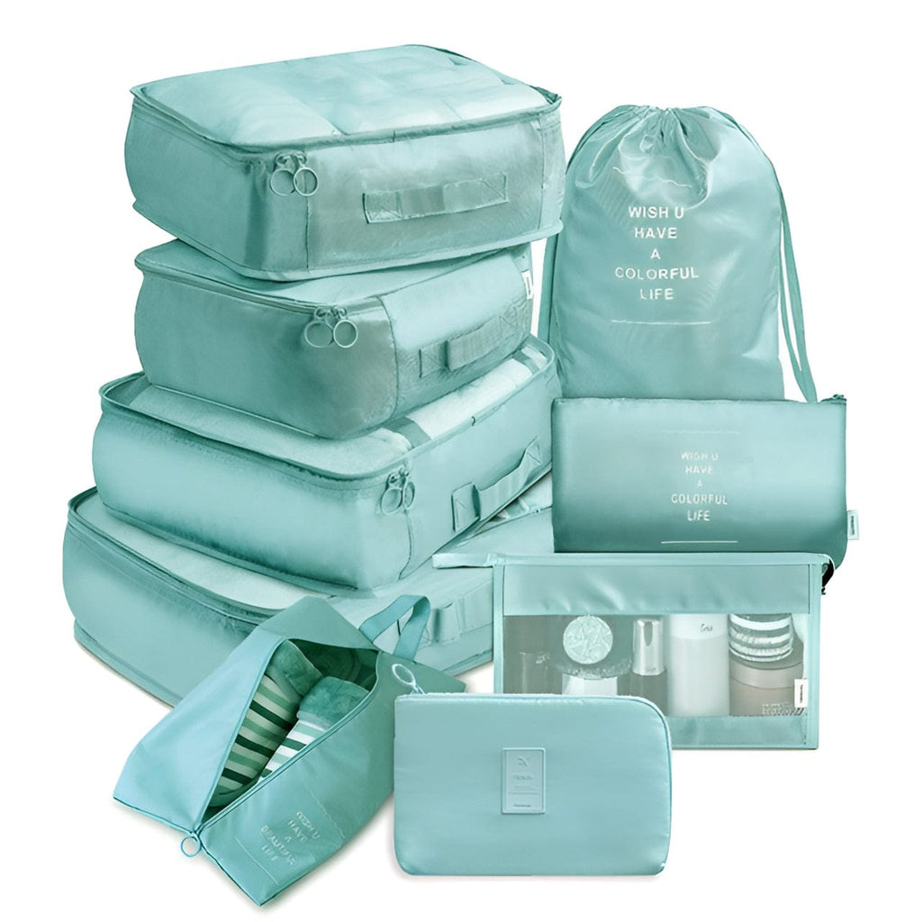 Seafoam 9 piece set of luggage storage bags.