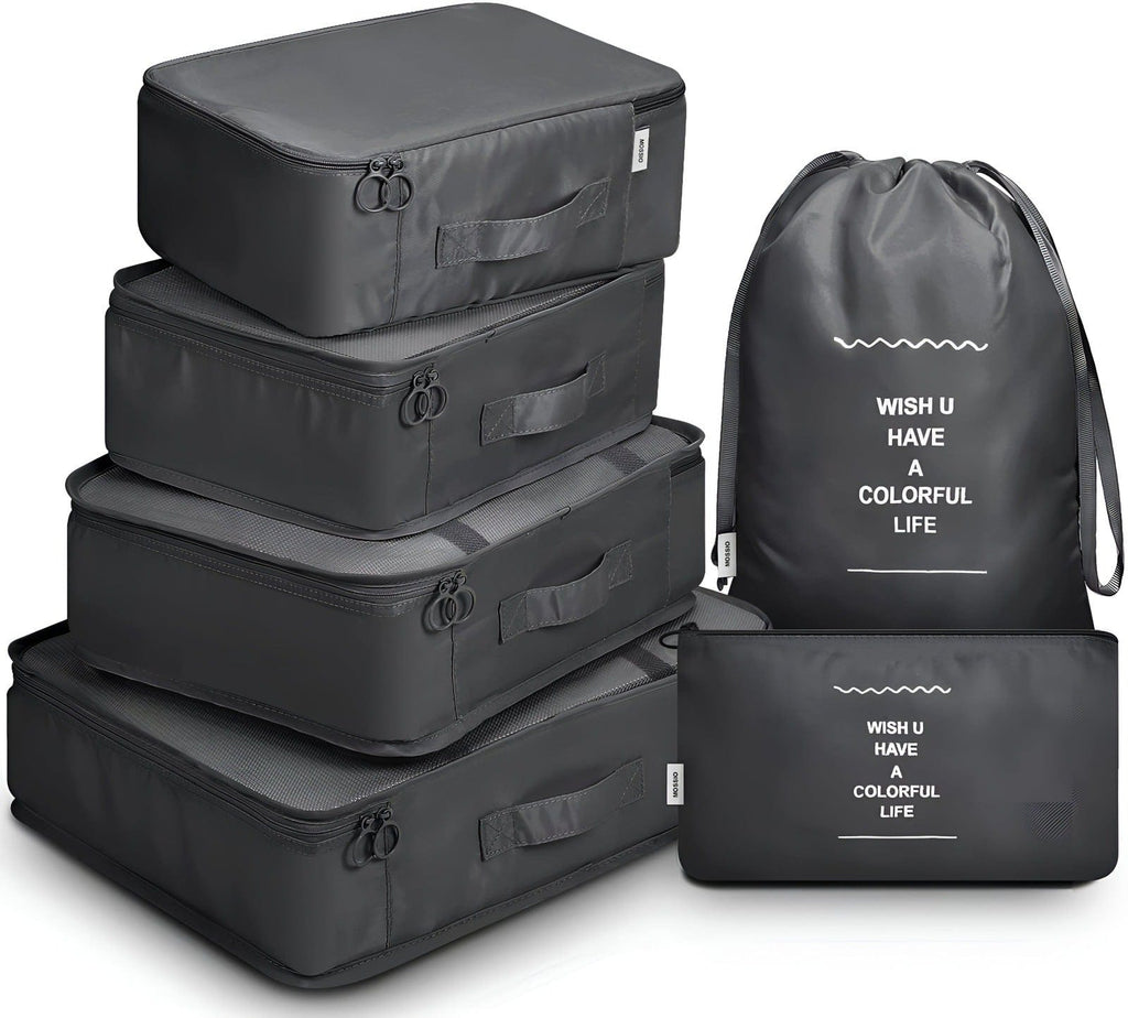 Black 6 piece set of luggage storage bags.