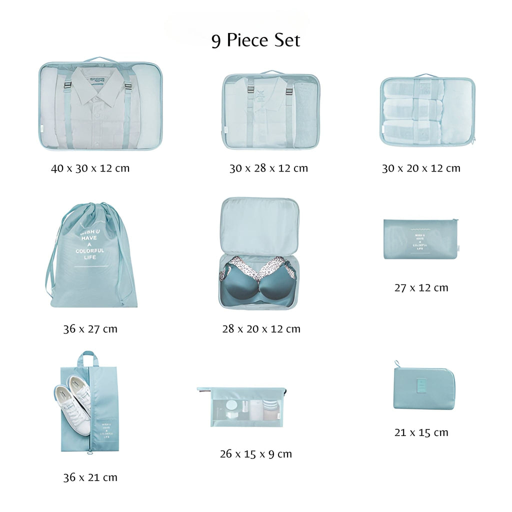 Light blue 9 piece set of luggage storage space.