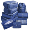 Navy blue 9 piece set of luggage storage bags.