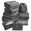 Dark gray 9 piece set of luggage storage bags.