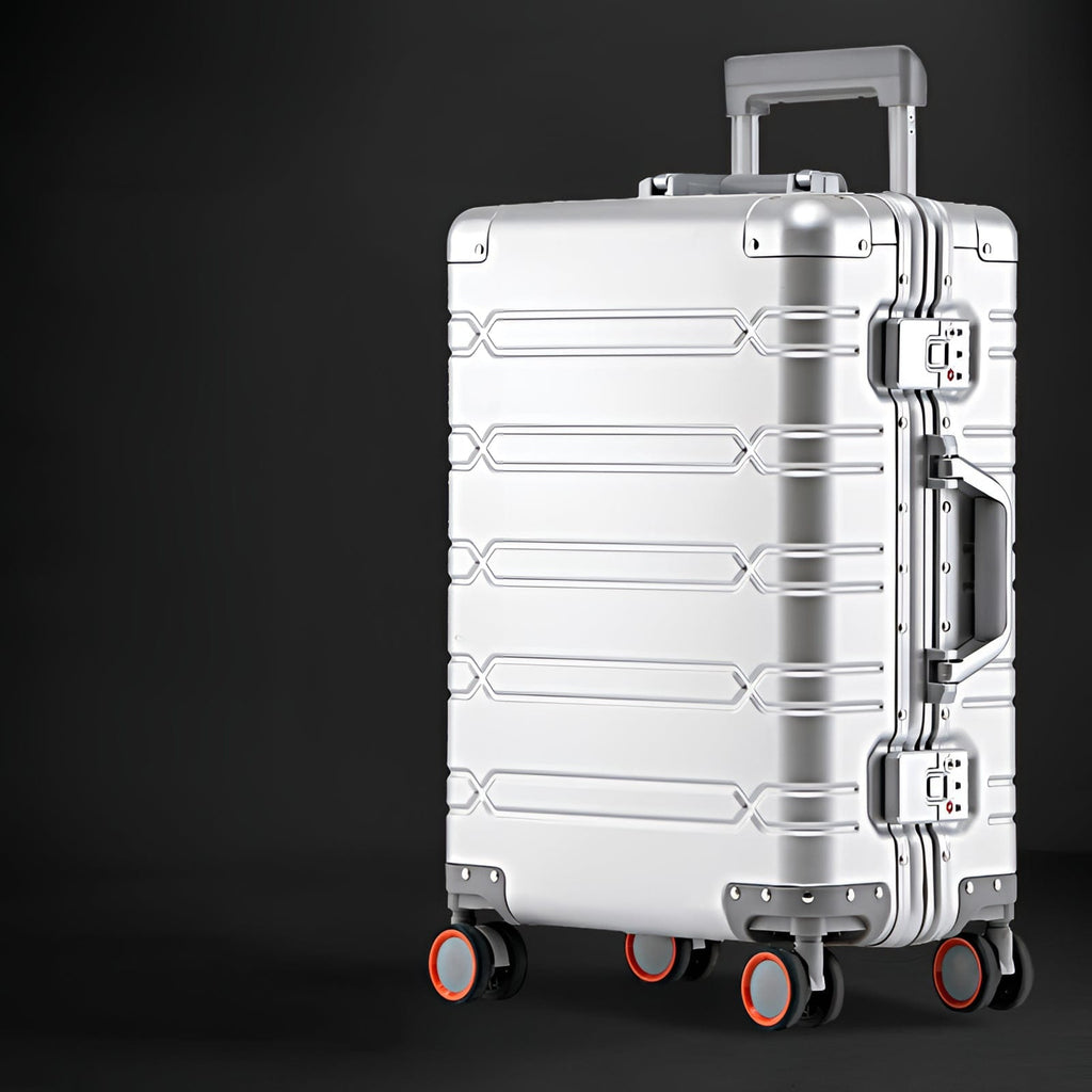 Silver rolling aluminum luggage.