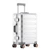 Silver rolling aluminum luggage on white background.