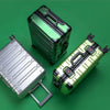 Silver, green, and yellow rolling aluminum luggage.