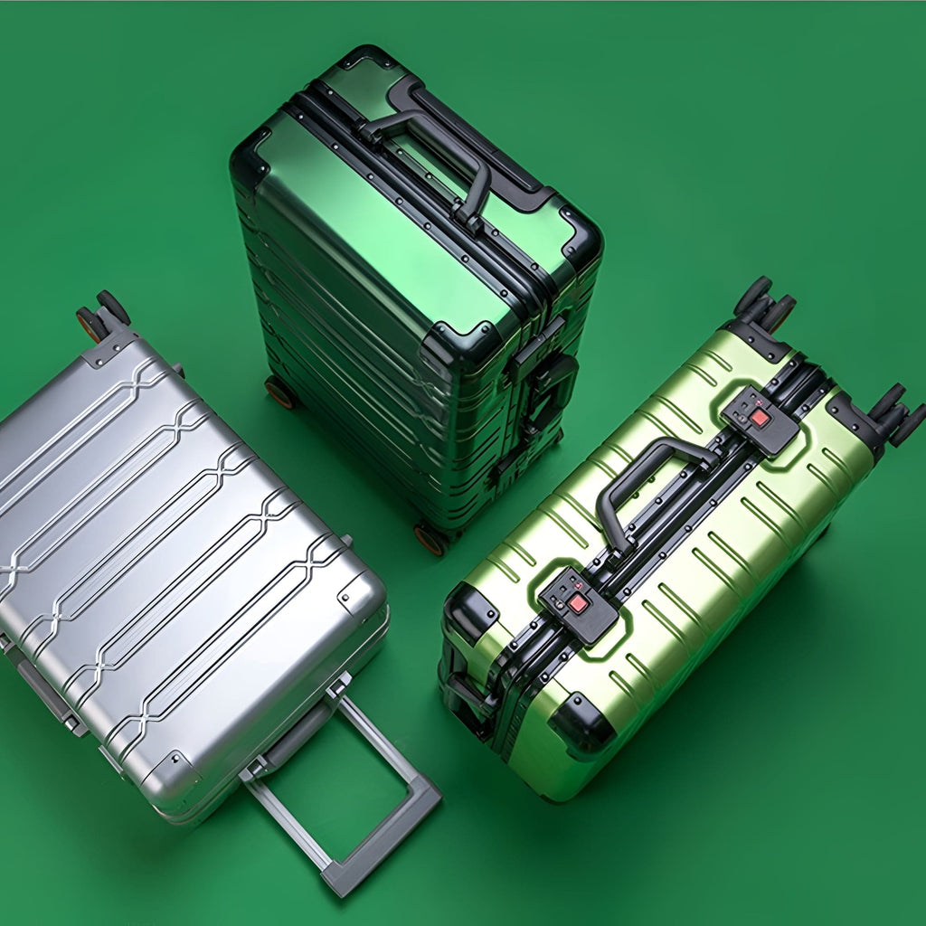 Silver, green, and yellow rolling aluminum luggage.