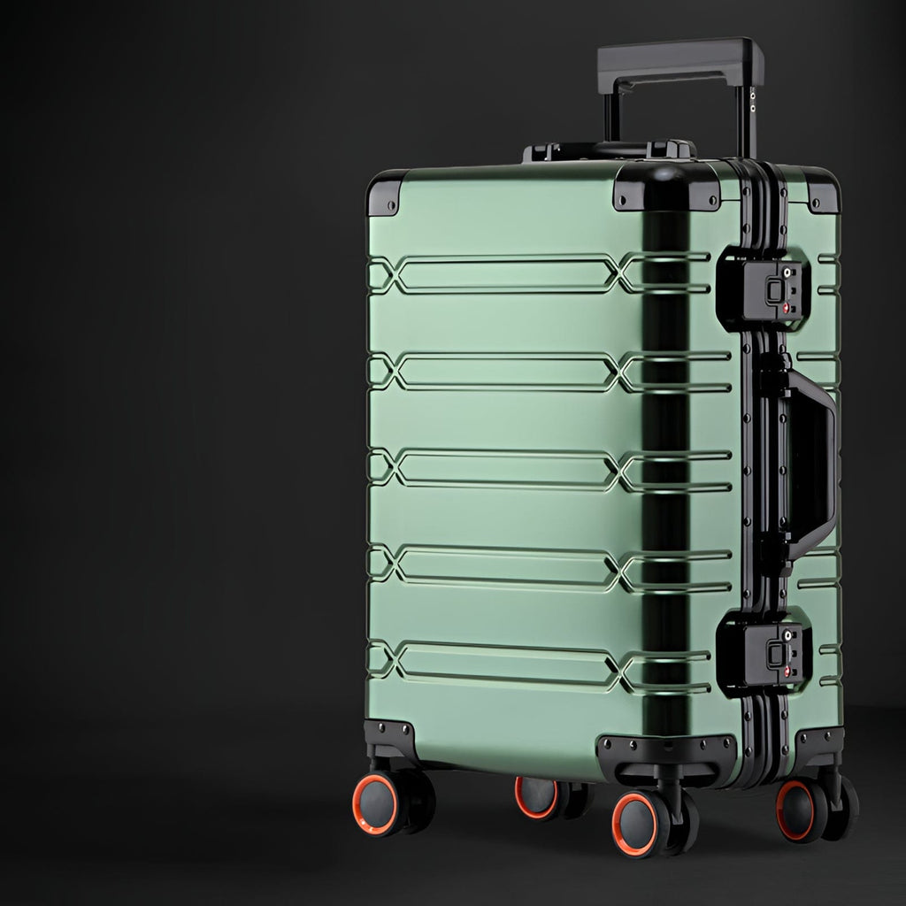 Dark green rolling aluminum luggage.