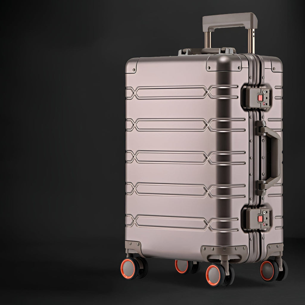 Titanium rolling aluminum luggage suitcase.