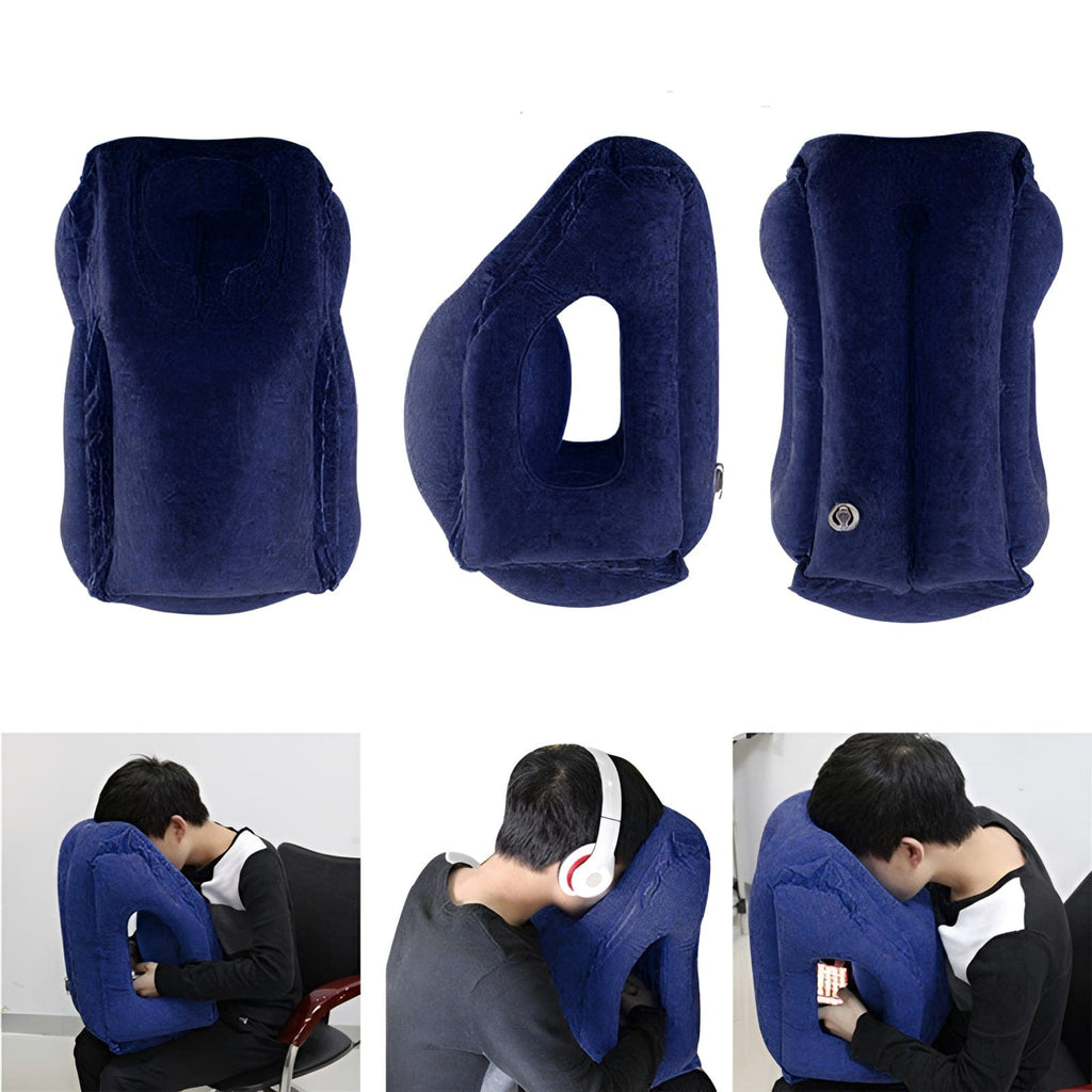 Blue Inflatable Travel Headrest Pillow being used to rest.