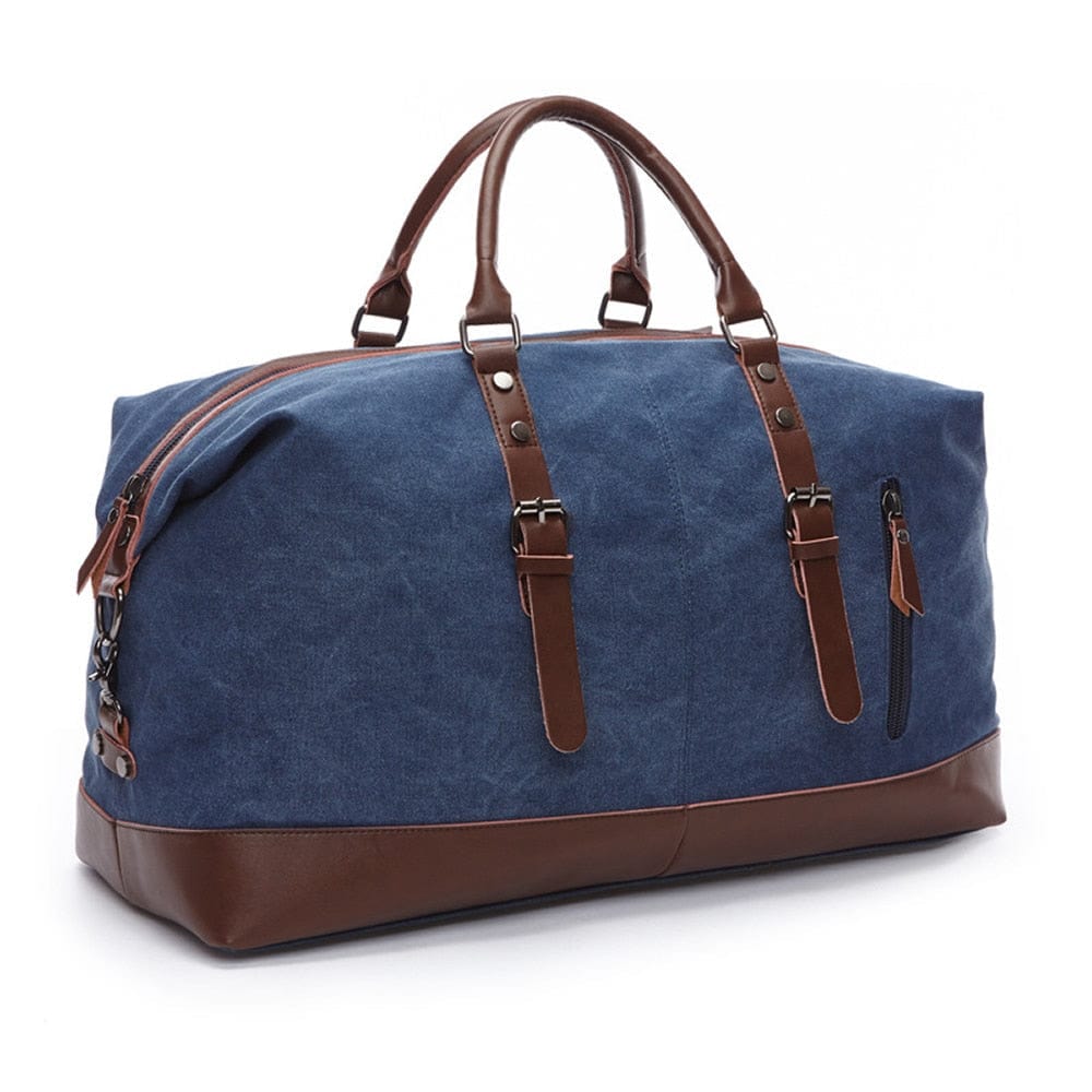 Deep blue canvas faux leather travel duffle bag for travel.