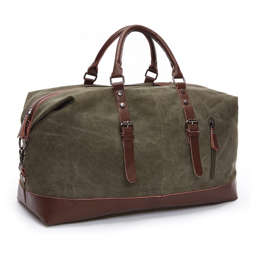 Army green canvas faux leather travel duffle bag for travel.